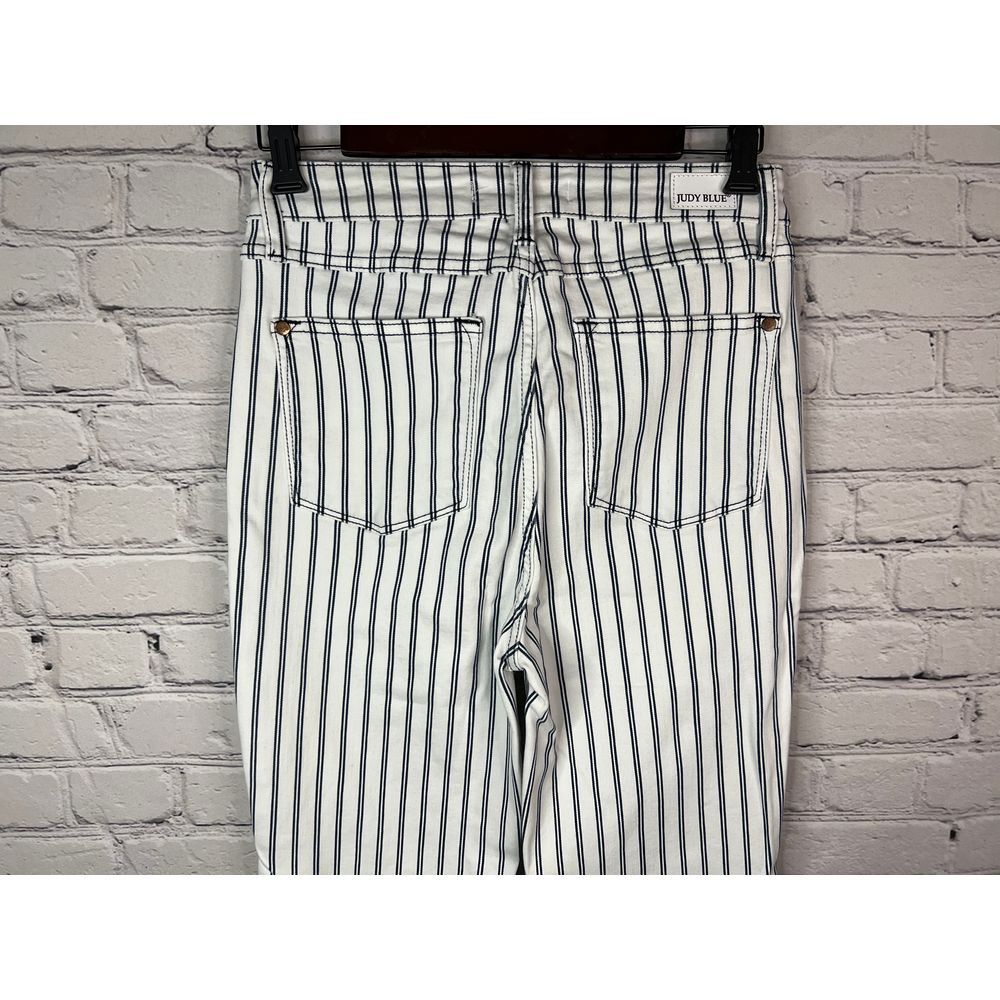 Judy Blue Rowan Super Flare Jeans Size 5/27 White Blue Striped High Rise Raw Hem - Picture 5 of 9